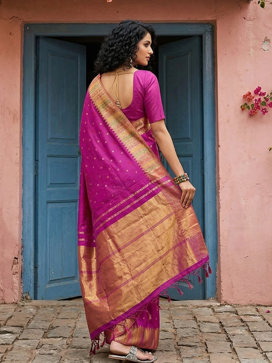 Sutriti Women’s Royal Magenta Soft Semi-Silk Saree with Heavy Zari Geometric Border | Traditional Kanjivaram Style Wedding Drape with Blouse Piece