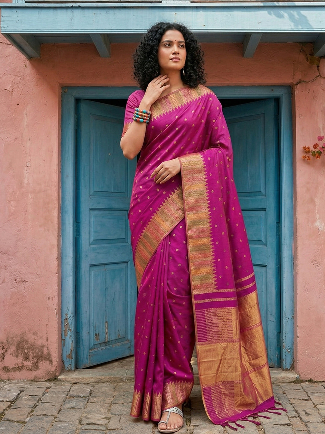 Sutriti Women’s Royal Magenta Soft Semi-Silk Saree with Heavy Zari Geometric Border | Traditional Kanjivaram Style Wedding Drape with Blouse Piece