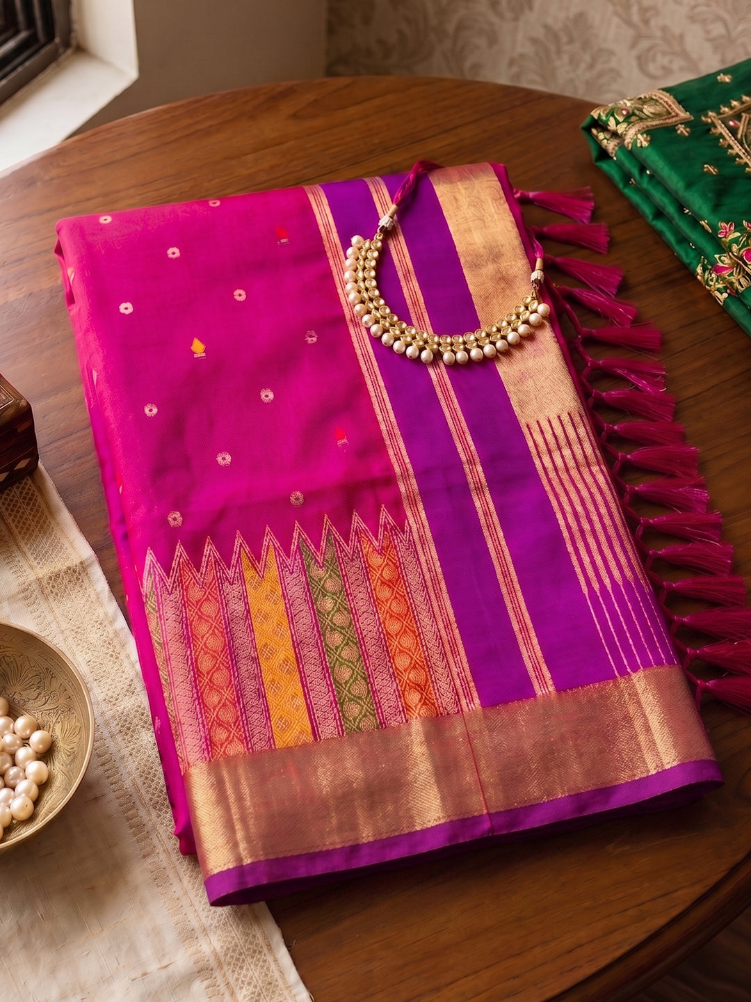 Sutriti Women’s Royal Magenta Soft Semi-Silk Saree with Heavy Zari Geometric Border | Traditional Kanjivaram Style Wedding Drape with Blouse Piece