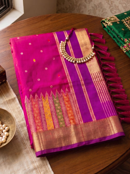 Sutriti Women’s Royal Magenta Soft Semi-Silk Saree with Heavy Zari Geometric Border | Traditional Kanjivaram Style Wedding Drape with Blouse Piece