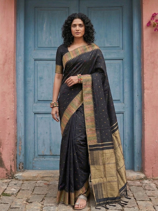 Sutriti Designer Midnight Black & Gold Woven Soft Silk Saree | Modern Festive Wear with Multi-Color Border Accents & Blouse