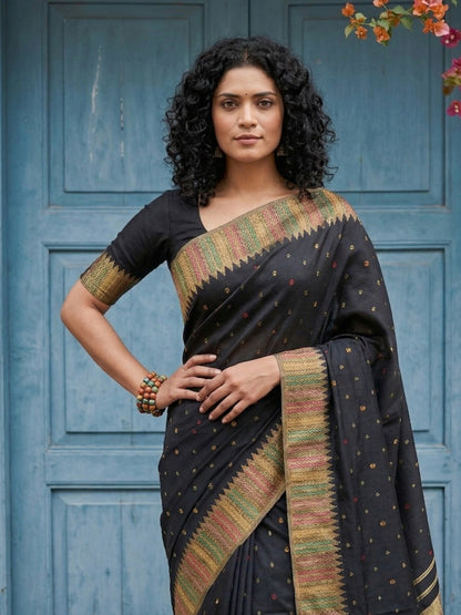 Sutriti Designer Midnight Black & Gold Woven Soft Silk Saree | Modern Festive Wear with Multi-Color Border Accents & Blouse