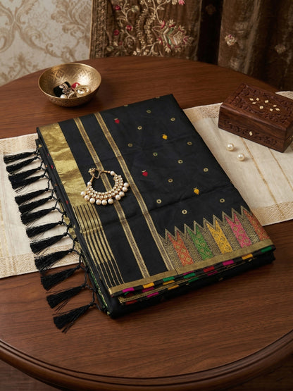 Sutriti Designer Midnight Black & Gold Woven Soft Silk Saree | Modern Festive Wear with Multi-Color Border Accents & Blouse