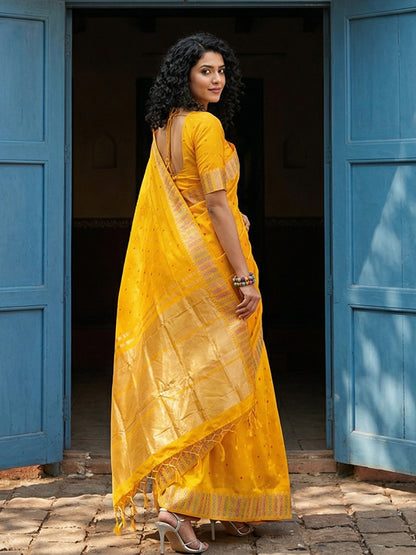 Sutriti Haldi Special Mustard Yellow Soft Silk Saree with Traditional Zari Border | Festive Indian Ethnic Wear for Weddings