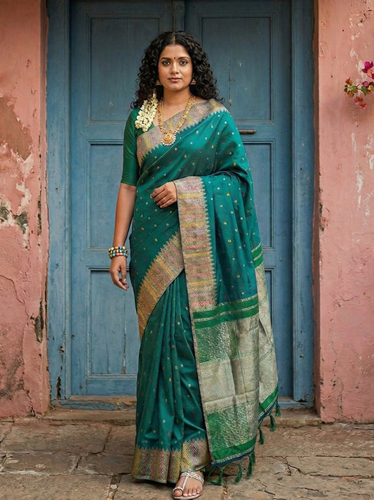 Sutriti Bottle Green Zari Woven Banarasi Style Semi-Silk Saree | Elegant Temple Wear with Rich Pallu & Blouse