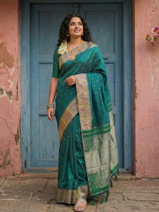 Sutriti Bottle Green Zari Woven Banarasi Style Semi-Silk Saree | Elegant Temple Wear with Rich Pallu & Blouse