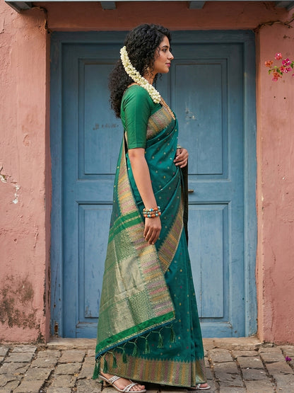 Sutriti Bottle Green Zari Woven Banarasi Style Semi-Silk Saree | Elegant Temple Wear with Rich Pallu & Blouse