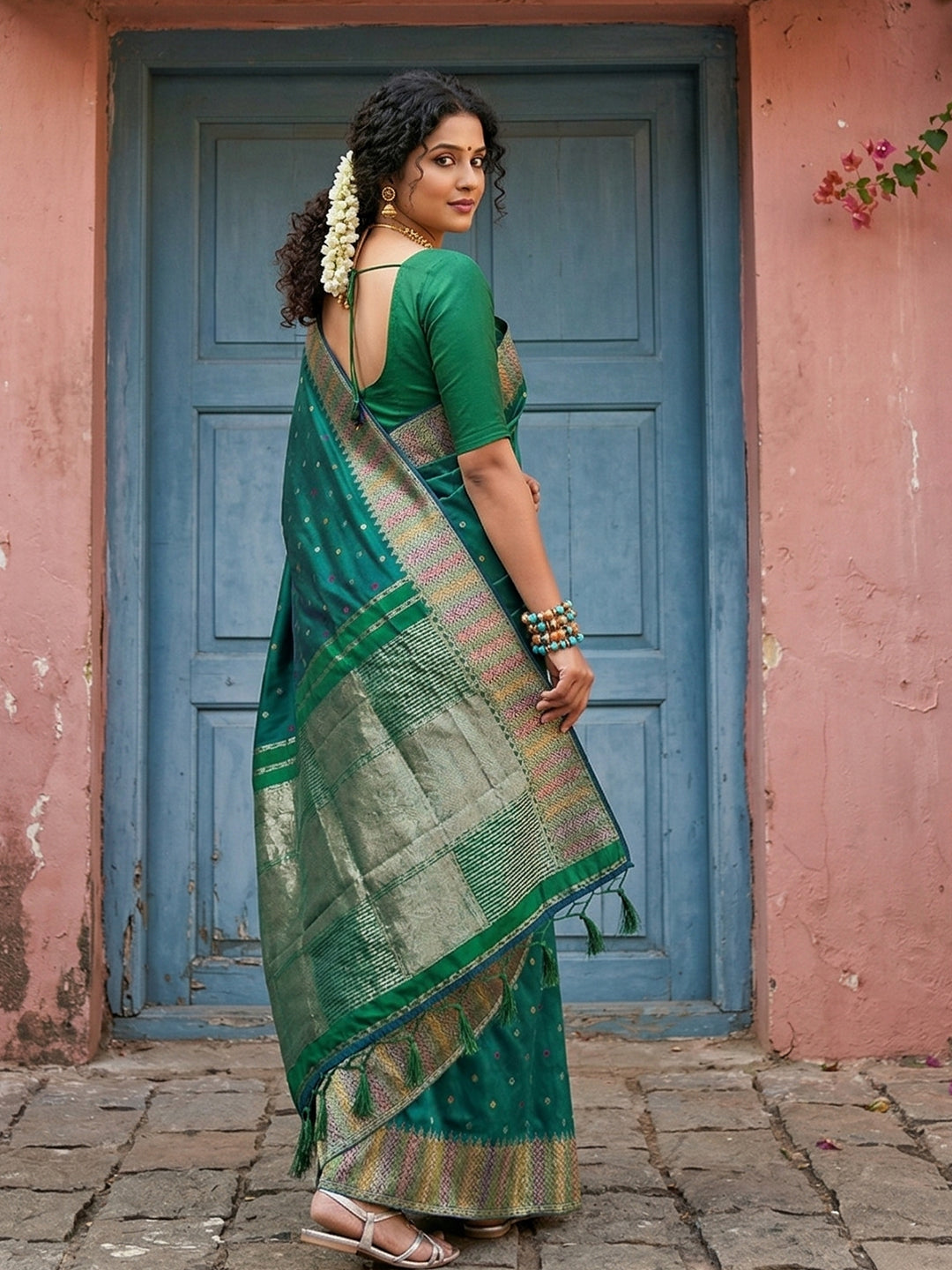 Sutriti Bottle Green Zari Woven Banarasi Style Semi-Silk Saree | Elegant Temple Wear with Rich Pallu & Blouse