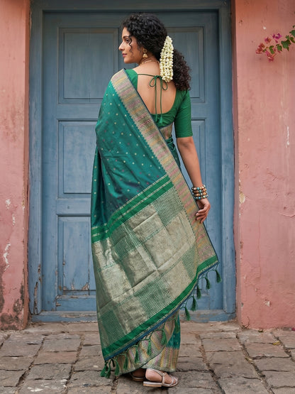 Sutriti Bottle Green Zari Woven Banarasi Style Semi-Silk Saree | Elegant Temple Wear with Rich Pallu & Blouse