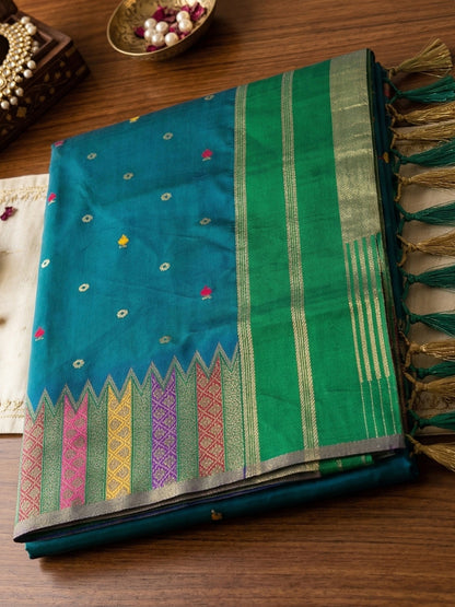Sutriti Bottle Green Zari Woven Banarasi Style Semi-Silk Saree | Elegant Temple Wear with Rich Pallu & Blouse