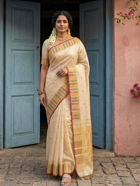 Sutriti Off-White Cream Kerala Style Soft Silk Saree with Gold Zari Border | Kasavu Inspired Festive Wear for Onam & Pooja