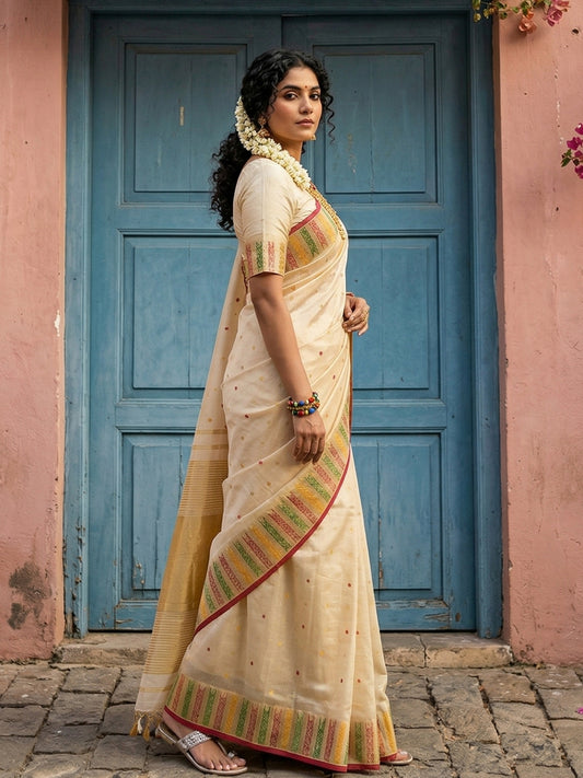 Sutriti Off-White Cream Kerala Style Soft Silk Saree with Gold Zari Border | Kasavu Inspired Festive Wear for Onam & Pooja
