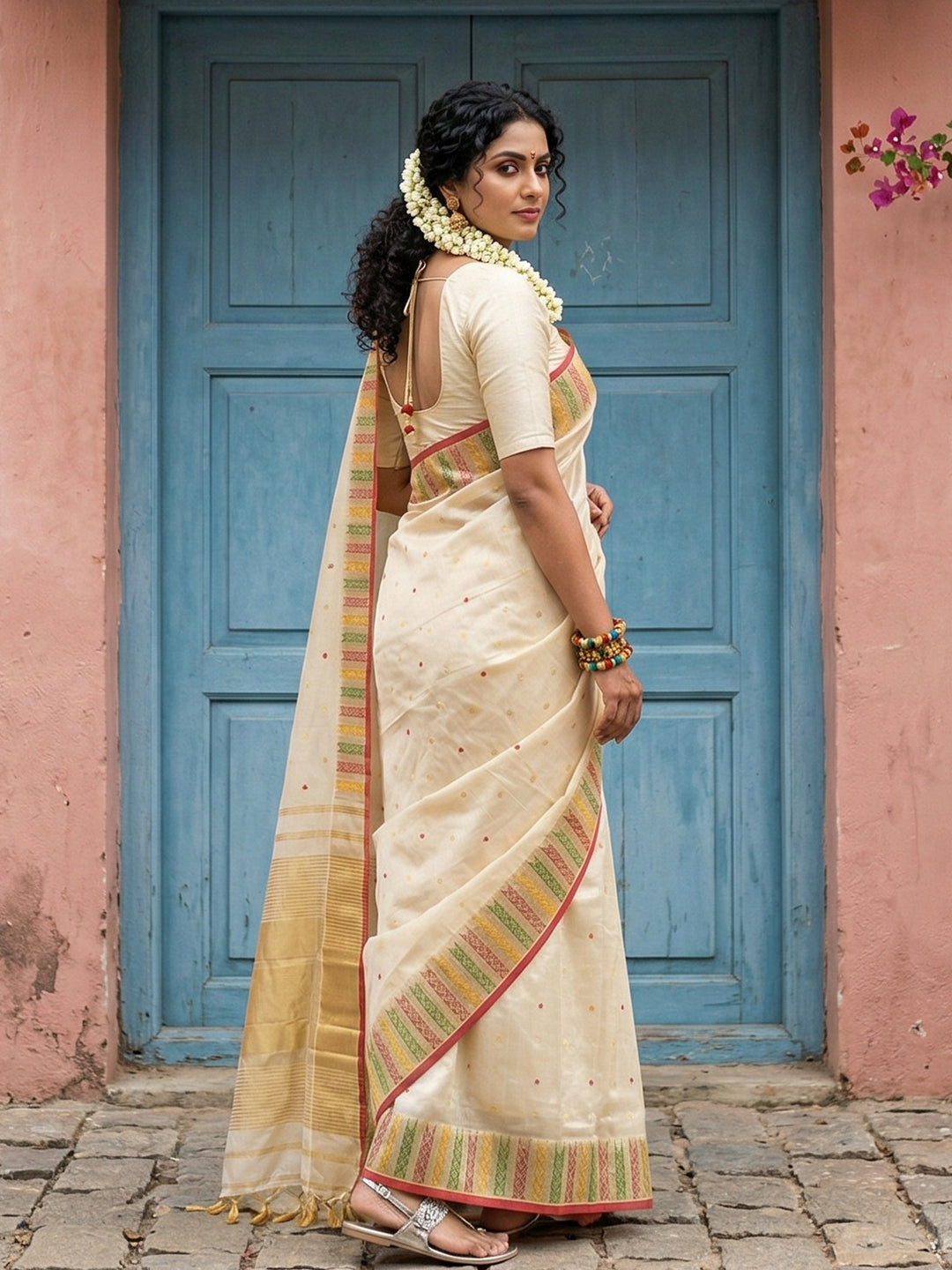Sutriti Off-White Cream Kerala Style Soft Silk Saree with Gold Zari Border | Kasavu Inspired Festive Wear for Onam & Pooja