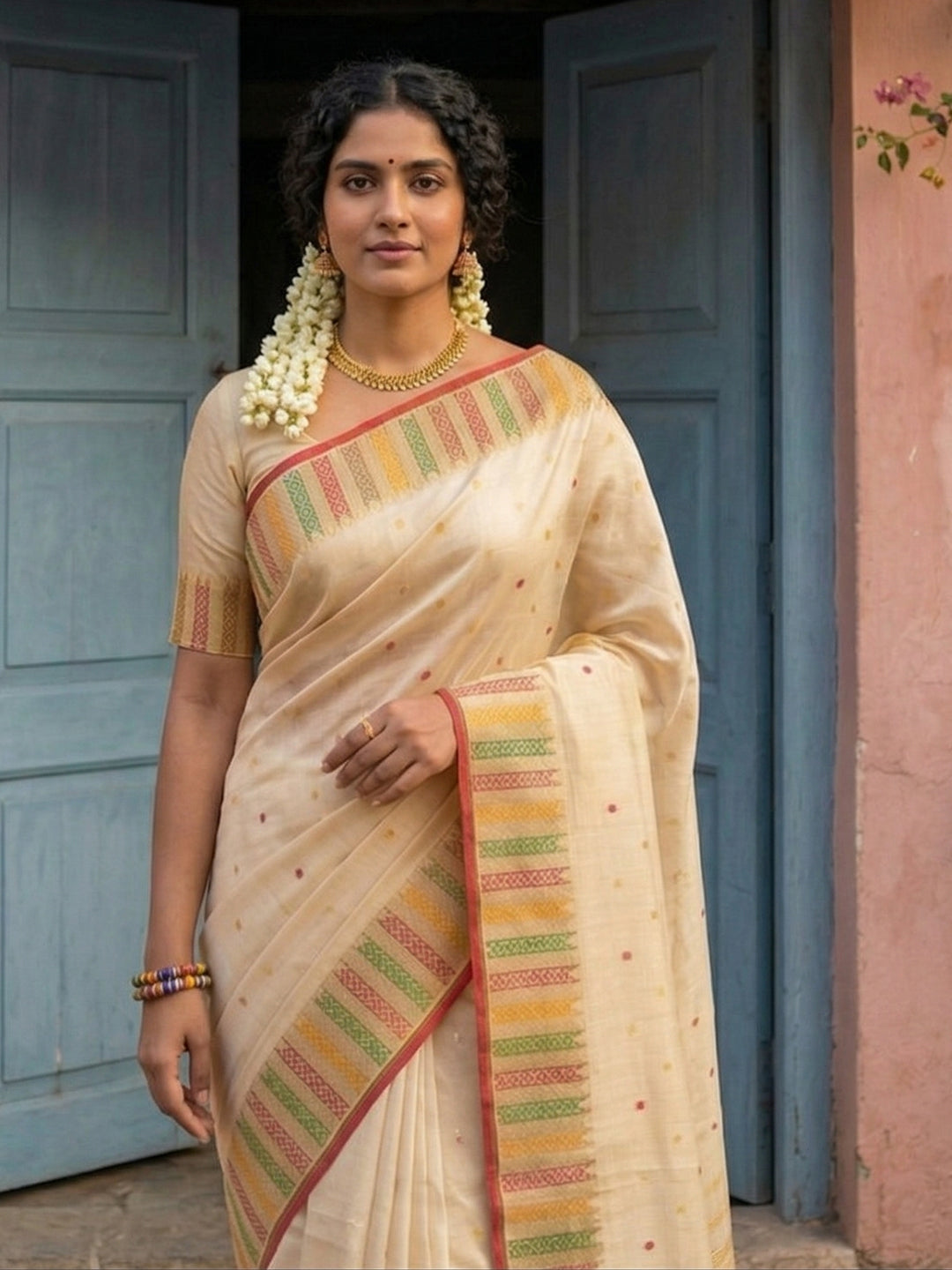Sutriti Off-White Cream Kerala Style Soft Silk Saree with Gold Zari Border | Kasavu Inspired Festive Wear for Onam & Pooja