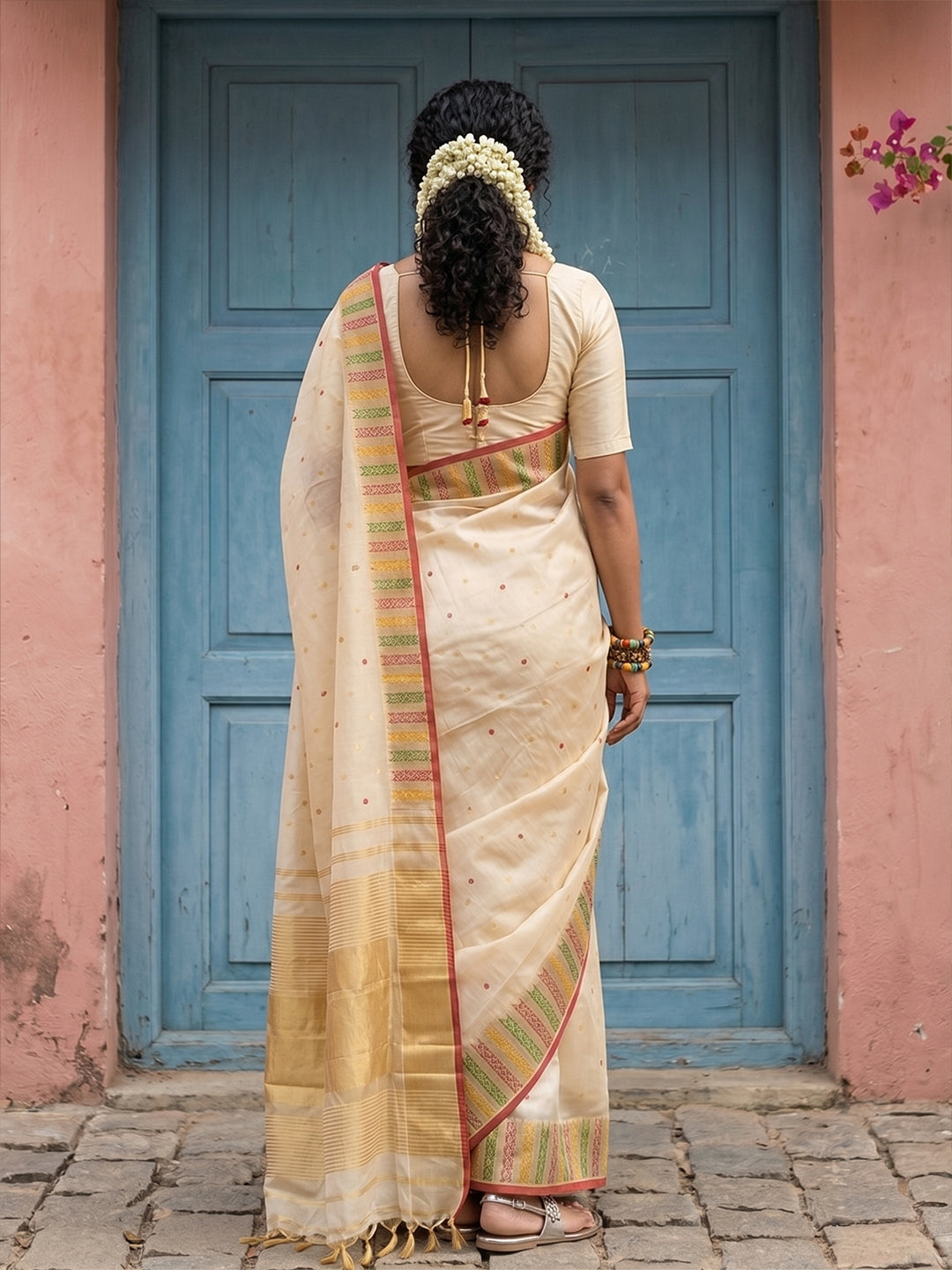 Sutriti Off-White Cream Kerala Style Soft Silk Saree with Gold Zari Border | Kasavu Inspired Festive Wear for Onam & Pooja