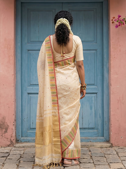Sutriti Off-White Cream Kerala Style Soft Silk Saree with Gold Zari Border | Kasavu Inspired Festive Wear for Onam & Pooja
