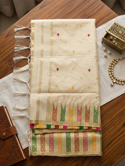 Sutriti Off-White Cream Kerala Style Soft Silk Saree with Gold Zari Border | Kasavu Inspired Festive Wear for Onam & Pooja