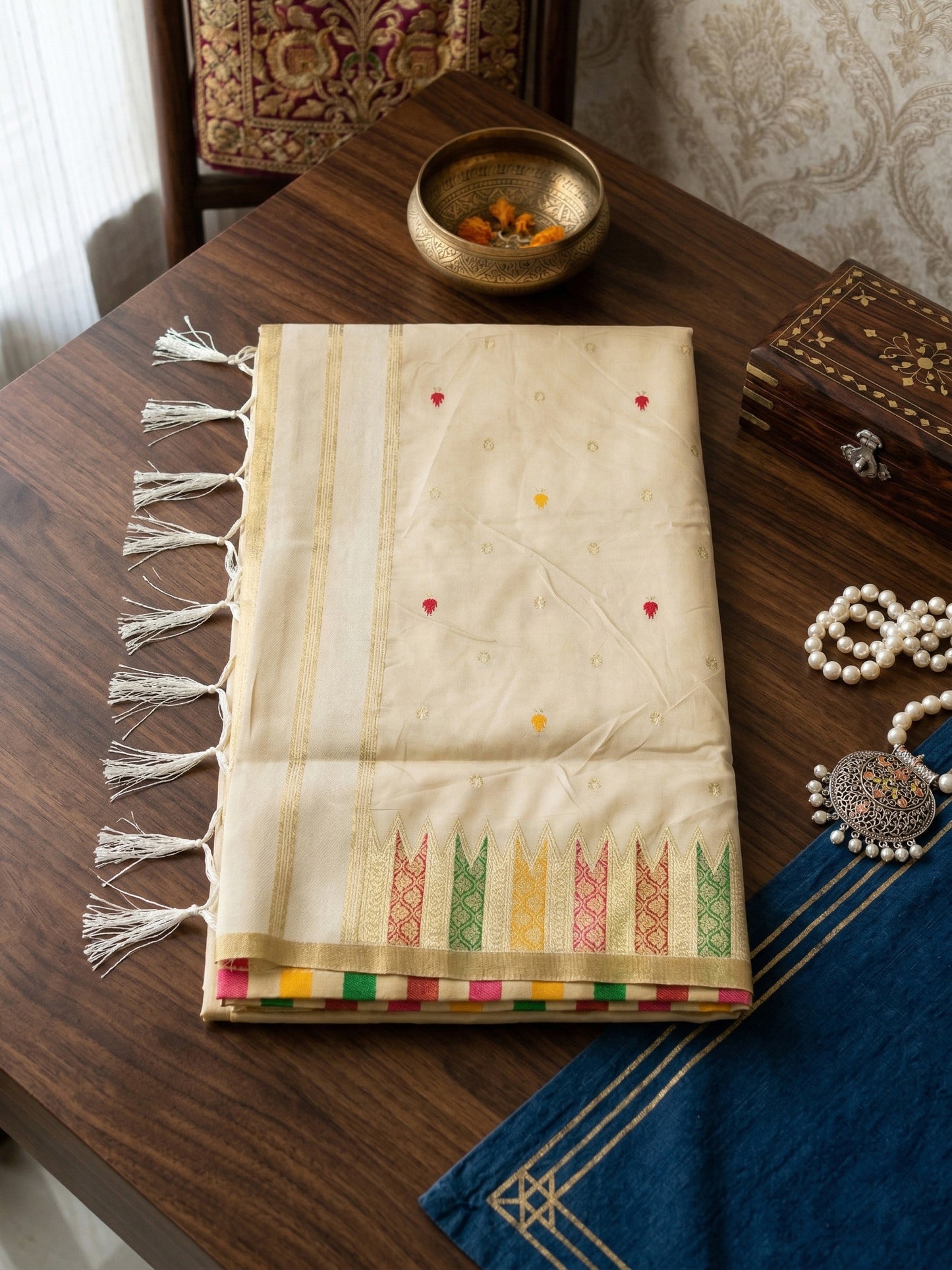 Sutriti Off-White Cream Kerala Style Soft Silk Saree with Gold Zari Border | Kasavu Inspired Festive Wear for Onam & Pooja