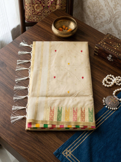Sutriti Off-White Cream Kerala Style Soft Silk Saree with Gold Zari Border | Kasavu Inspired Festive Wear for Onam & Pooja