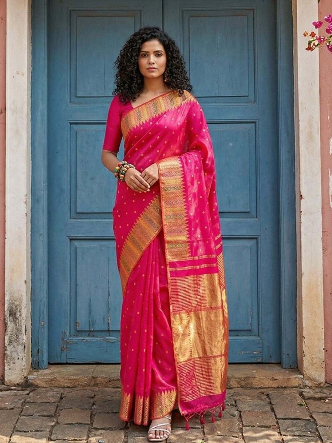 Sutriti Hot Rani Pink Bridal Style Soft Lichi Silk Saree | Heavy Zari Woven Border & Pallu for Wedding Guests