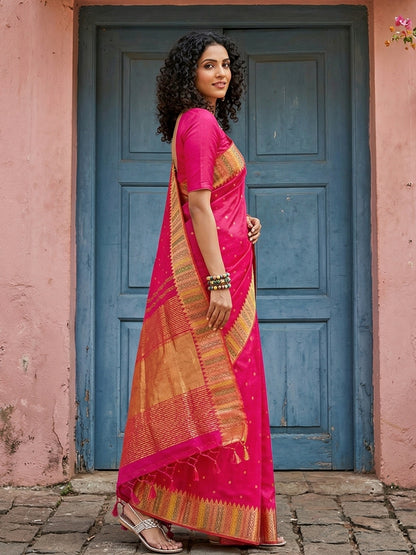 Sutriti Hot Rani Pink Bridal Style Soft Lichi Silk Saree | Heavy Zari Woven Border & Pallu for Wedding Guests
