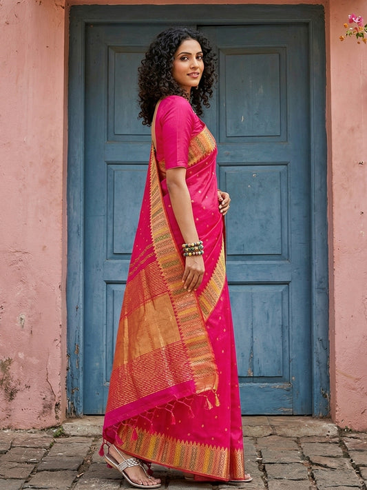 Sutriti Hot Rani Pink Bridal Style Soft Lichi Silk Saree | Heavy Zari Woven Border & Pallu for Wedding Guests