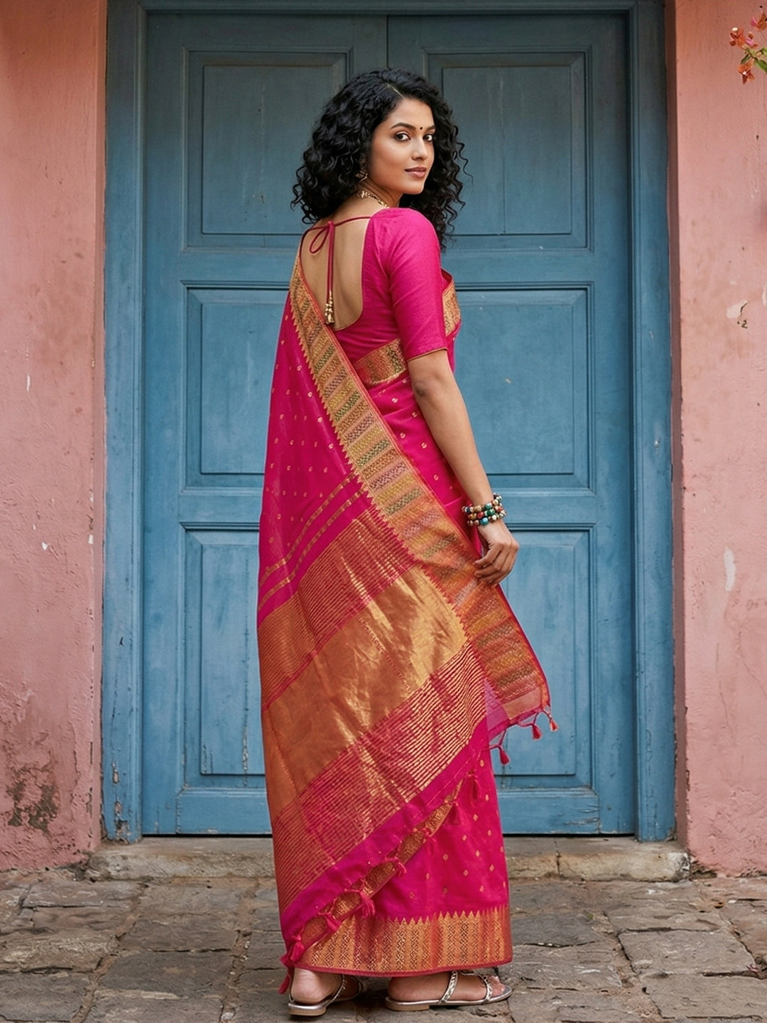 Sutriti Hot Rani Pink Bridal Style Soft Lichi Silk Saree | Heavy Zari Woven Border & Pallu for Wedding Guests