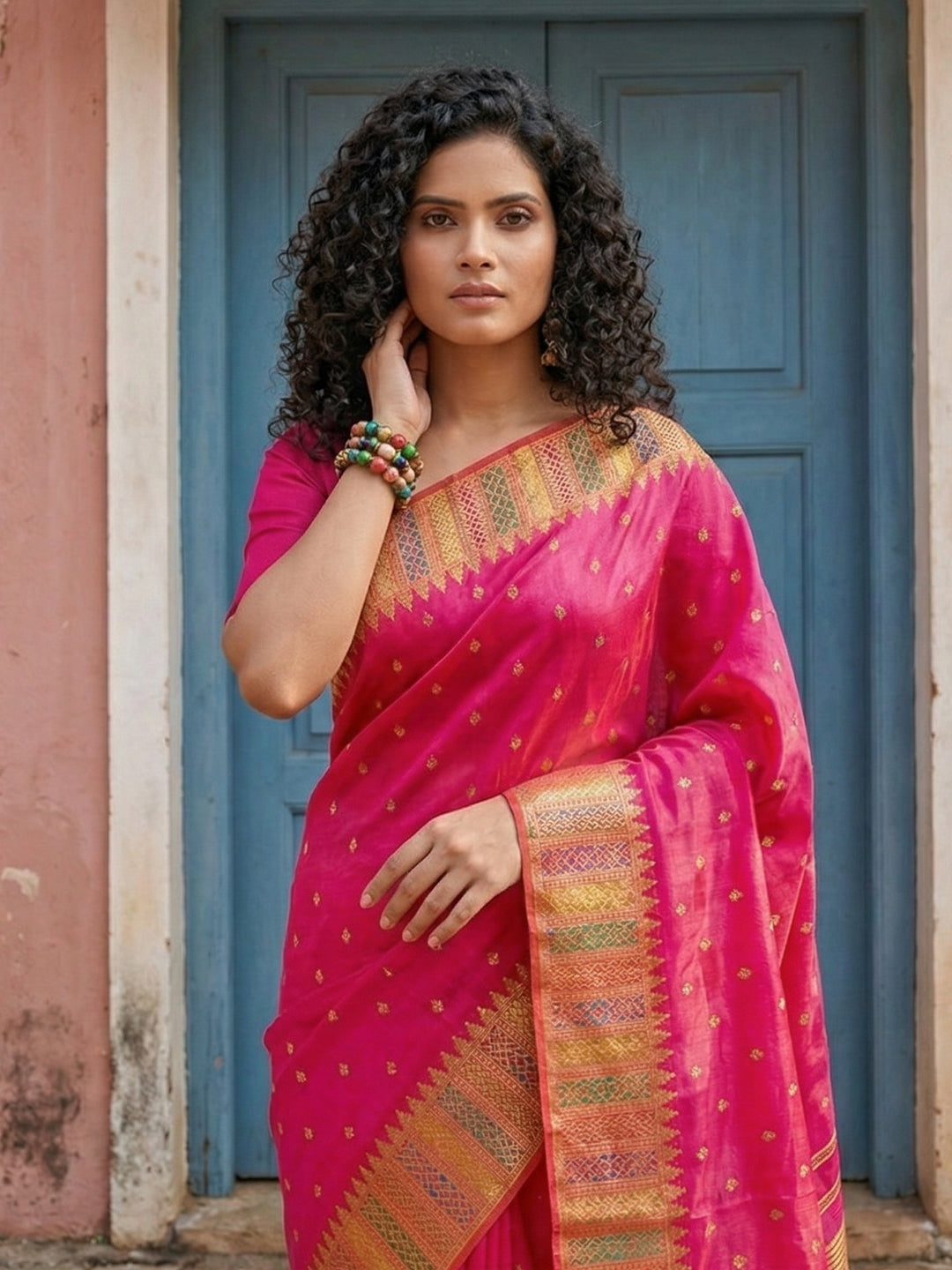 Sutriti Hot Rani Pink Bridal Style Soft Lichi Silk Saree | Heavy Zari Woven Border & Pallu for Wedding Guests