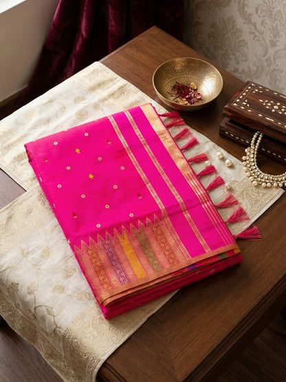 Sutriti Hot Rani Pink Bridal Style Soft Lichi Silk Saree | Heavy Zari Woven Border & Pallu for Wedding Guests