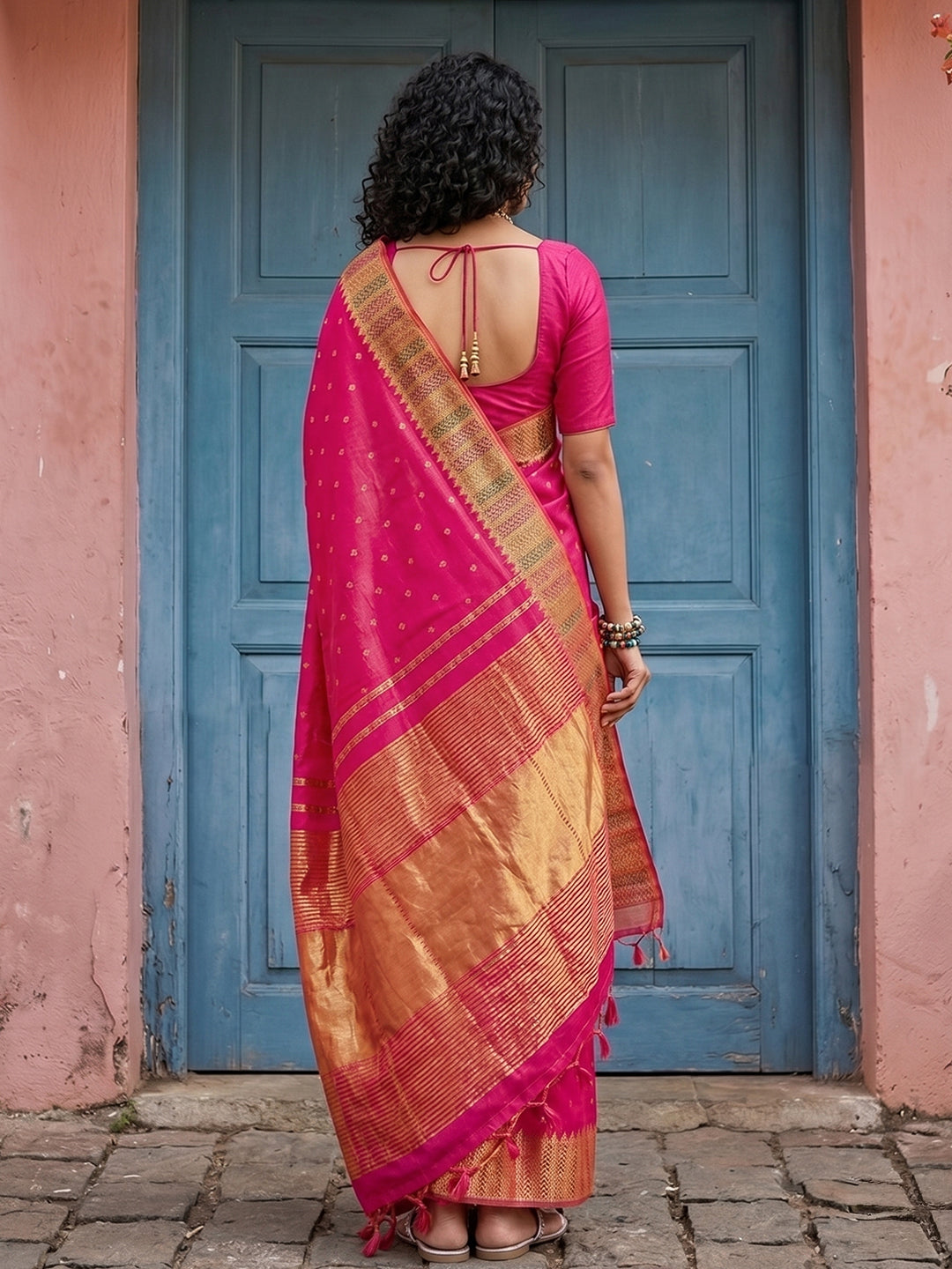 Sutriti Hot Rani Pink Bridal Style Soft Lichi Silk Saree | Heavy Zari Woven Border & Pallu for Wedding Guests