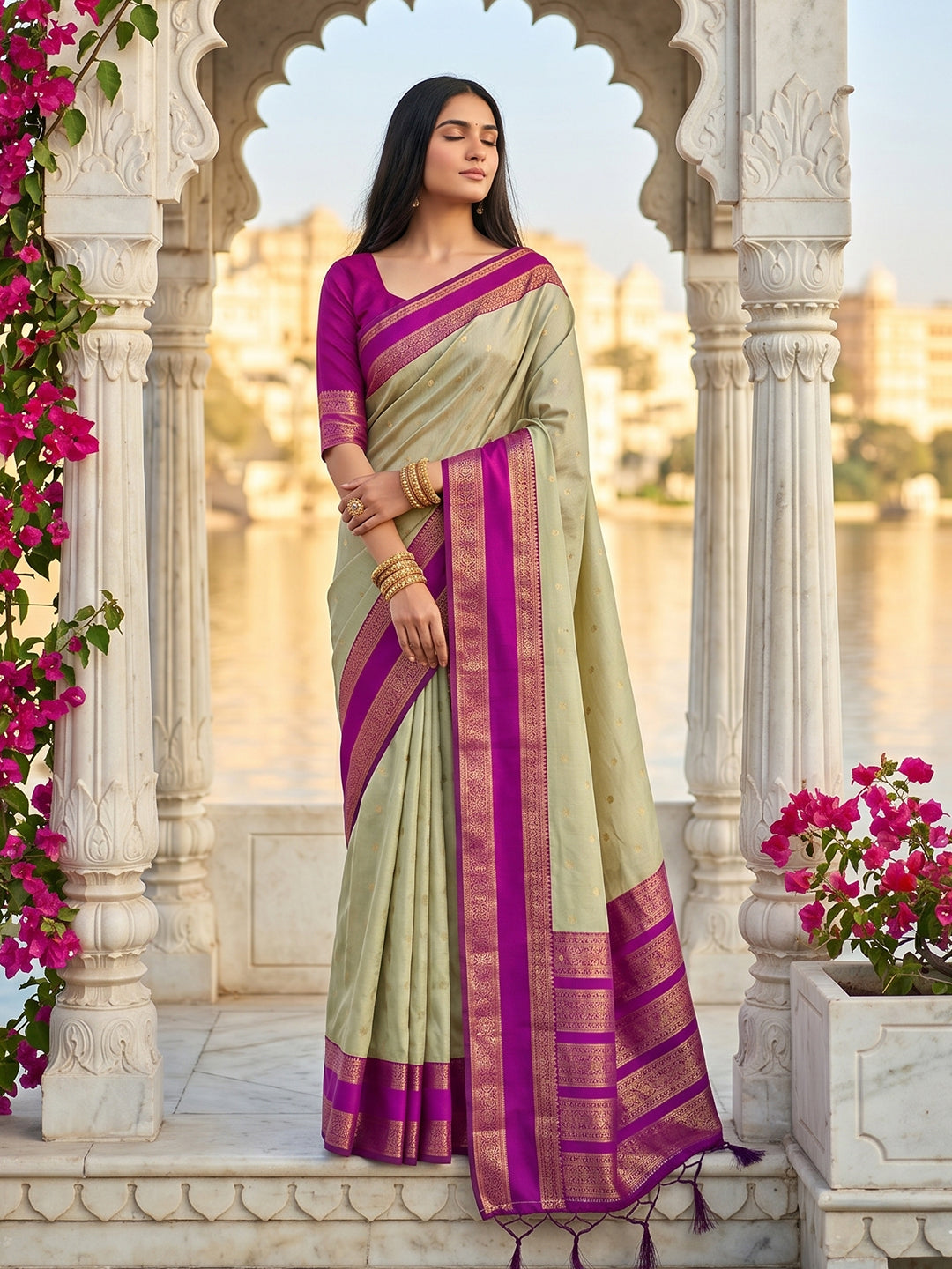 Sutriti Beige & Rani Pink Soft Silk Saree for Women - Festive Wedding Party Wear Ethnic Saree