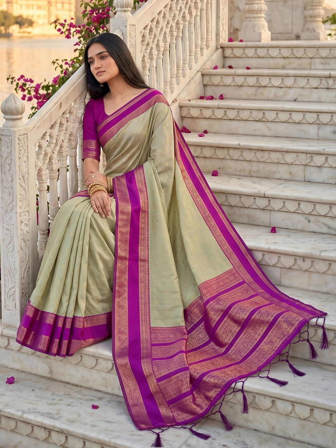 Sutriti Beige & Rani Pink Soft Silk Saree for Women - Festive Wedding Party Wear Ethnic Saree