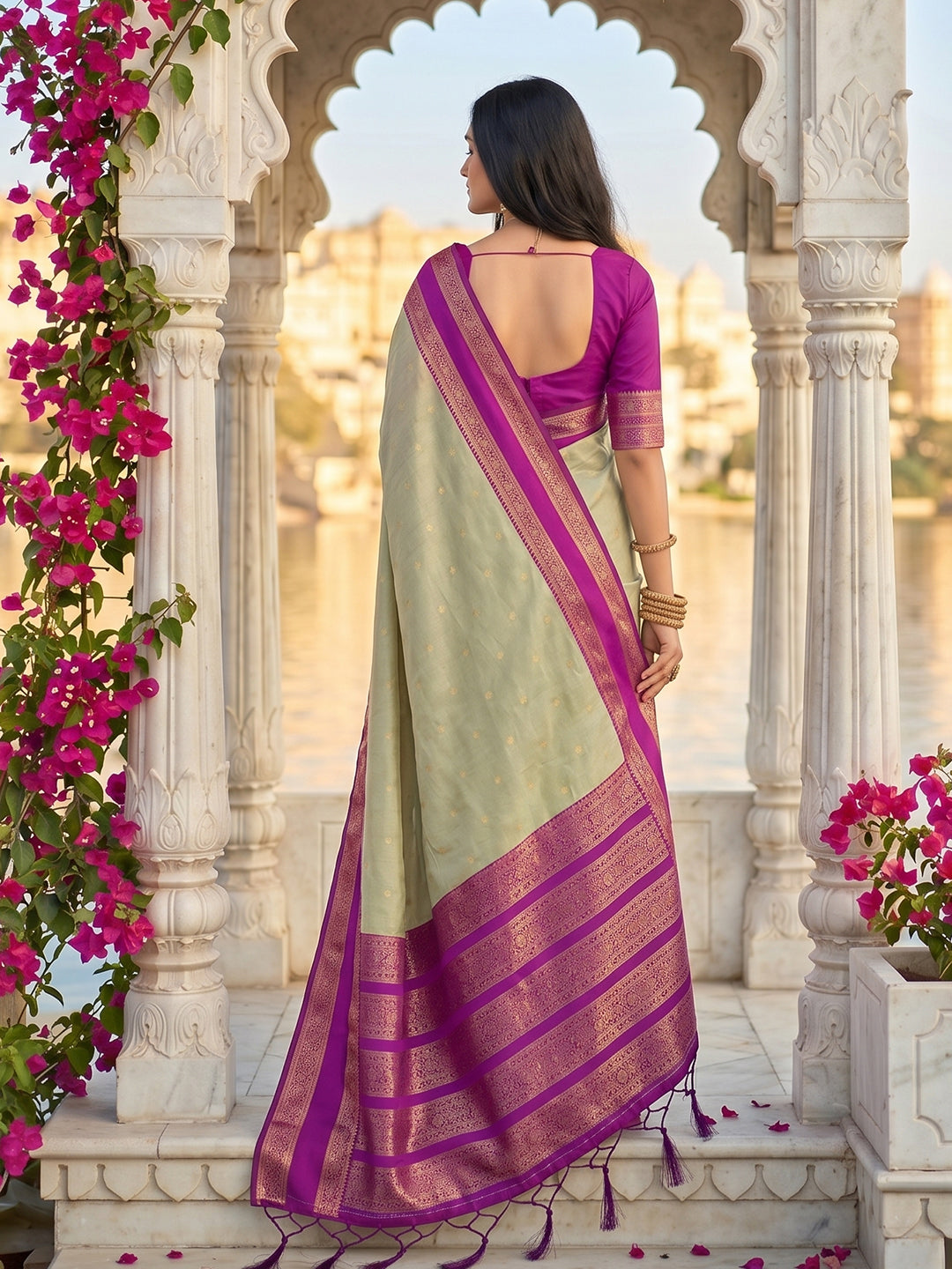 Sutriti Beige & Rani Pink Soft Silk Saree for Women - Festive Wedding Party Wear Ethnic Saree