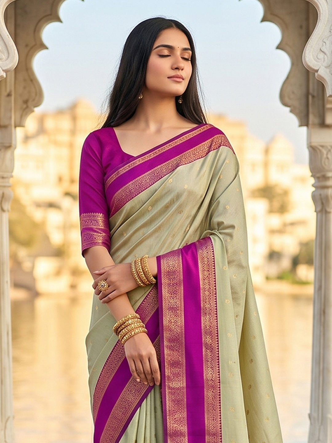 Sutriti Beige & Rani Pink Soft Silk Saree for Women - Festive Wedding Party Wear Ethnic Saree