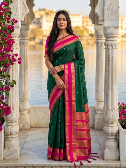 Sutriti Dark Green & Rani Pink Soft Silk Saree for Women - Festive Wedding Party Wear Ethnic Saree