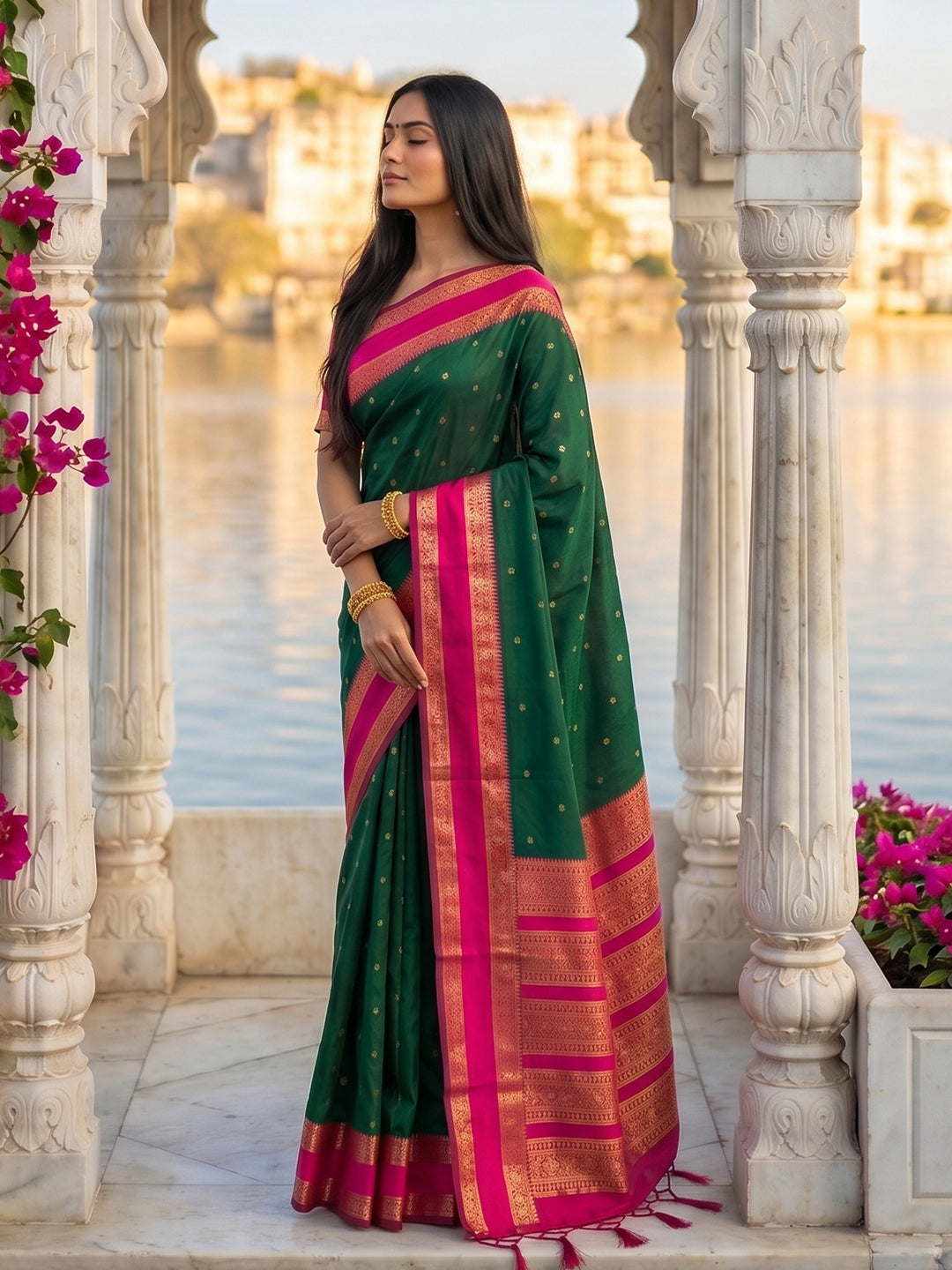 Sutriti Dark Green & Rani Pink Soft Silk Saree for Women - Festive Wedding Party Wear Ethnic Saree
