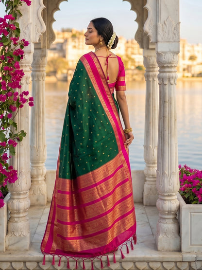 Sutriti Dark Green & Rani Pink Soft Silk Saree for Women - Festive Wedding Party Wear Ethnic Saree
