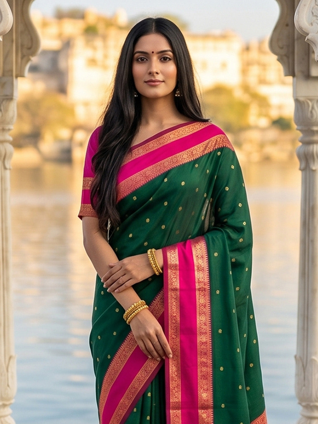 Sutriti Dark Green & Rani Pink Soft Silk Saree for Women - Festive Wedding Party Wear Ethnic Saree