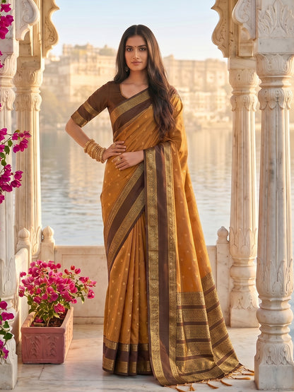 Sutriti Mustard & Dark Brown Soft Silk Saree for Women - Festive Wedding Party Wear Ethnic Saree