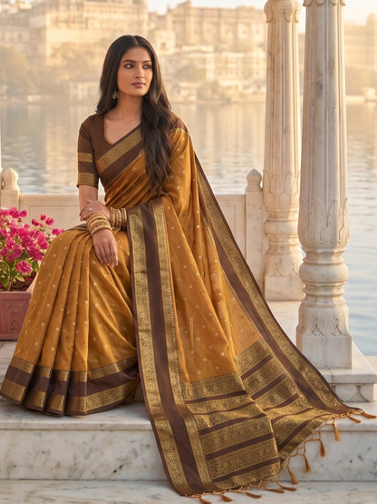 Sutriti Mustard & Dark Brown Soft Silk Saree for Women - Festive Wedding Party Wear Ethnic Saree