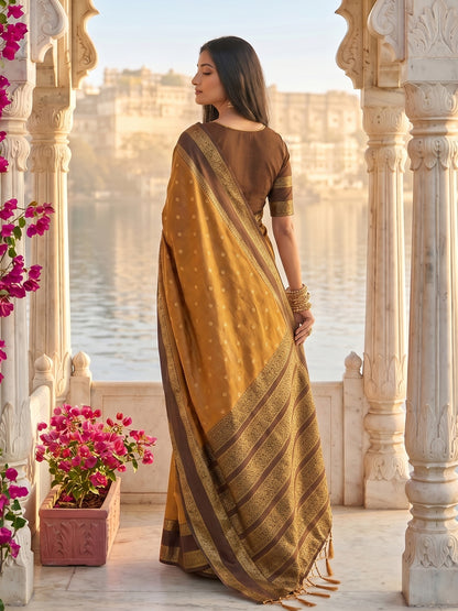 Sutriti Mustard & Dark Brown Soft Silk Saree for Women - Festive Wedding Party Wear Ethnic Saree