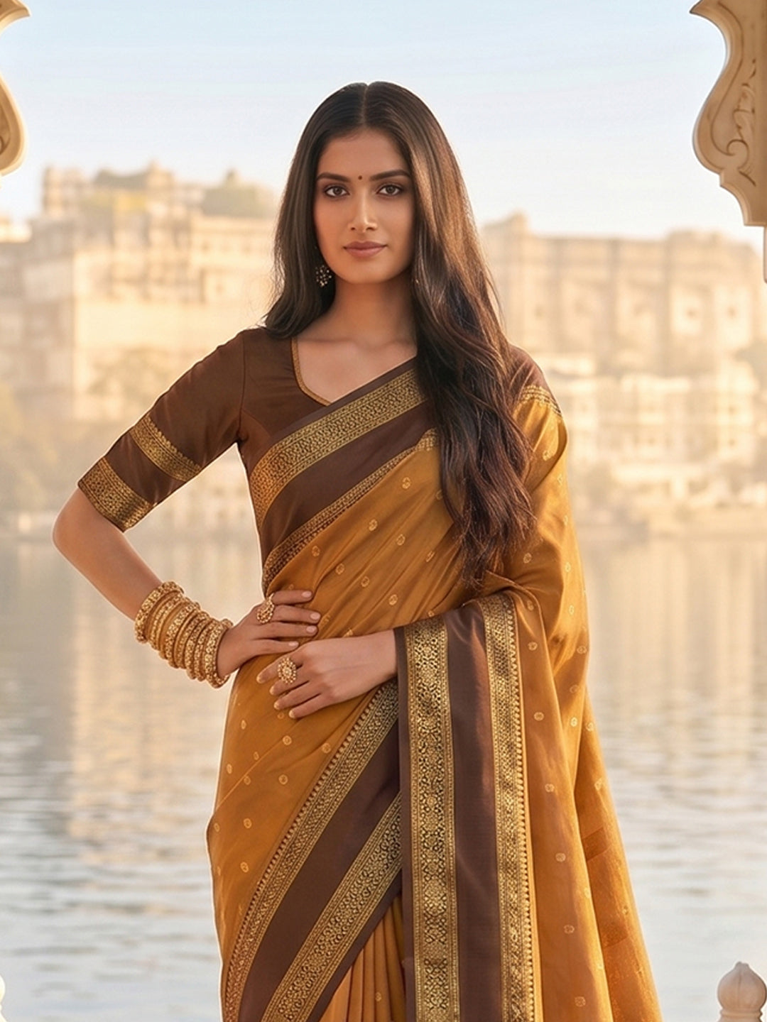 Sutriti Mustard & Dark Brown Soft Silk Saree for Women - Festive Wedding Party Wear Ethnic Saree