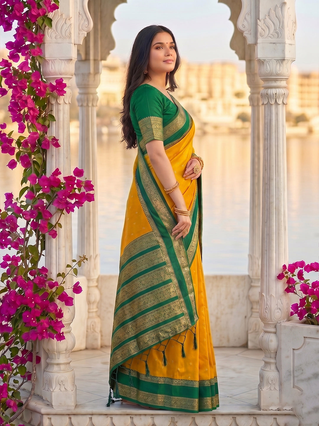 Sutriti Yellow & Green Soft Silk Saree for Women - Festive Wedding Party Wear Ethnic Saree