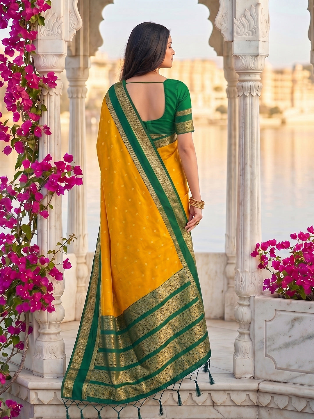 Sutriti Yellow & Green Soft Silk Saree for Women - Festive Wedding Party Wear Ethnic Saree