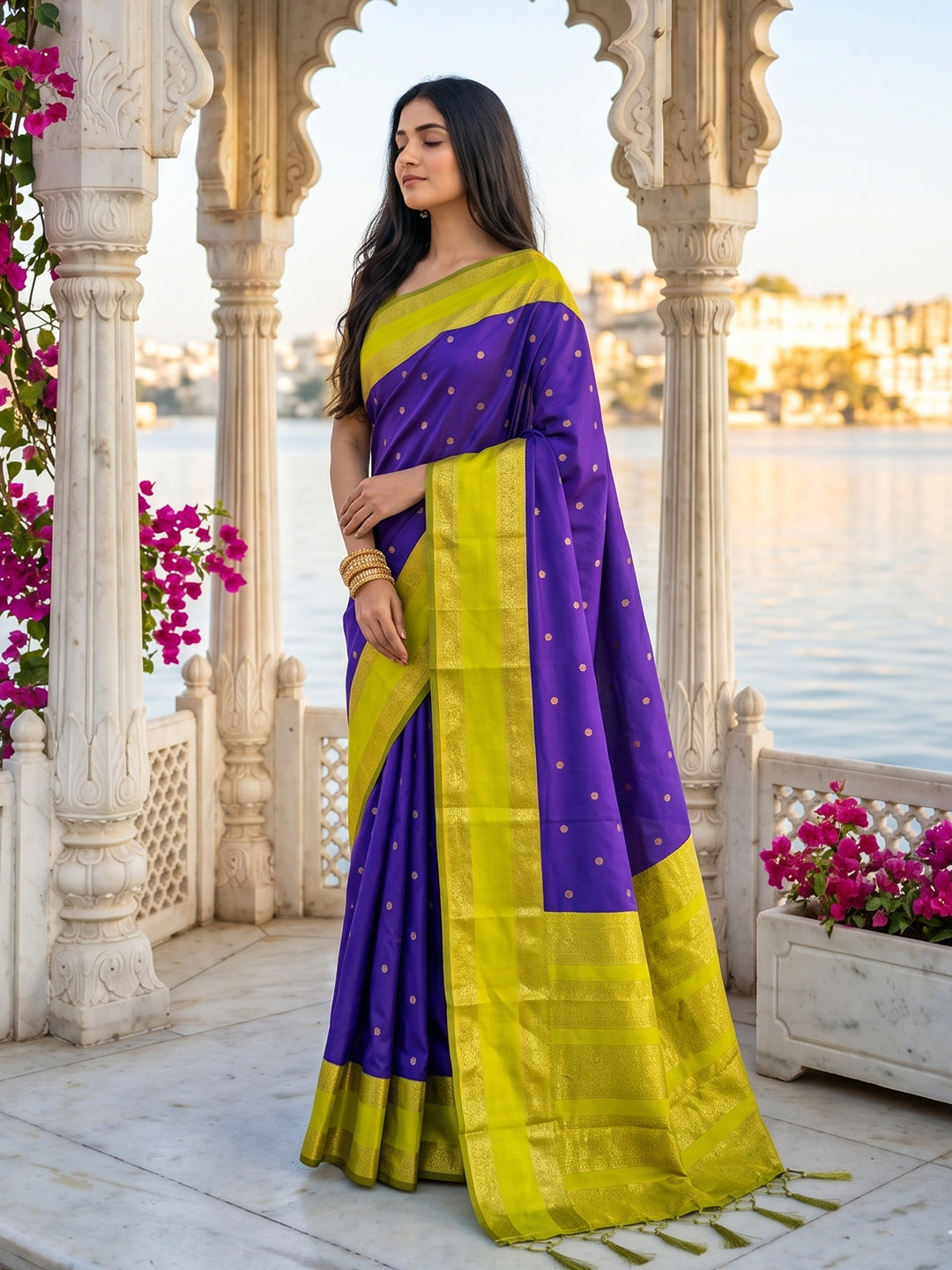 Sutriti Purple & Lime Green Soft Silk Saree for Women - Festive Wedding Party Wear Ethnic Saree