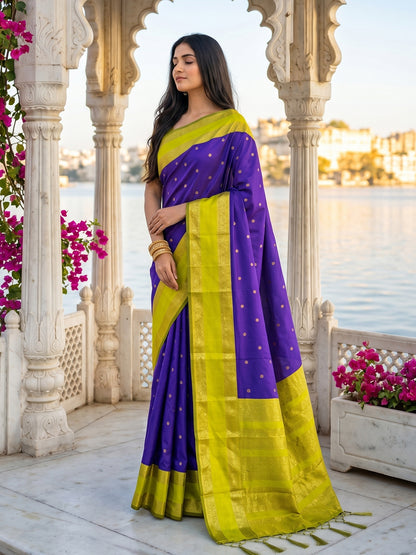 Sutriti Purple & Lime Green Soft Silk Saree for Women - Festive Wedding Party Wear Ethnic Saree