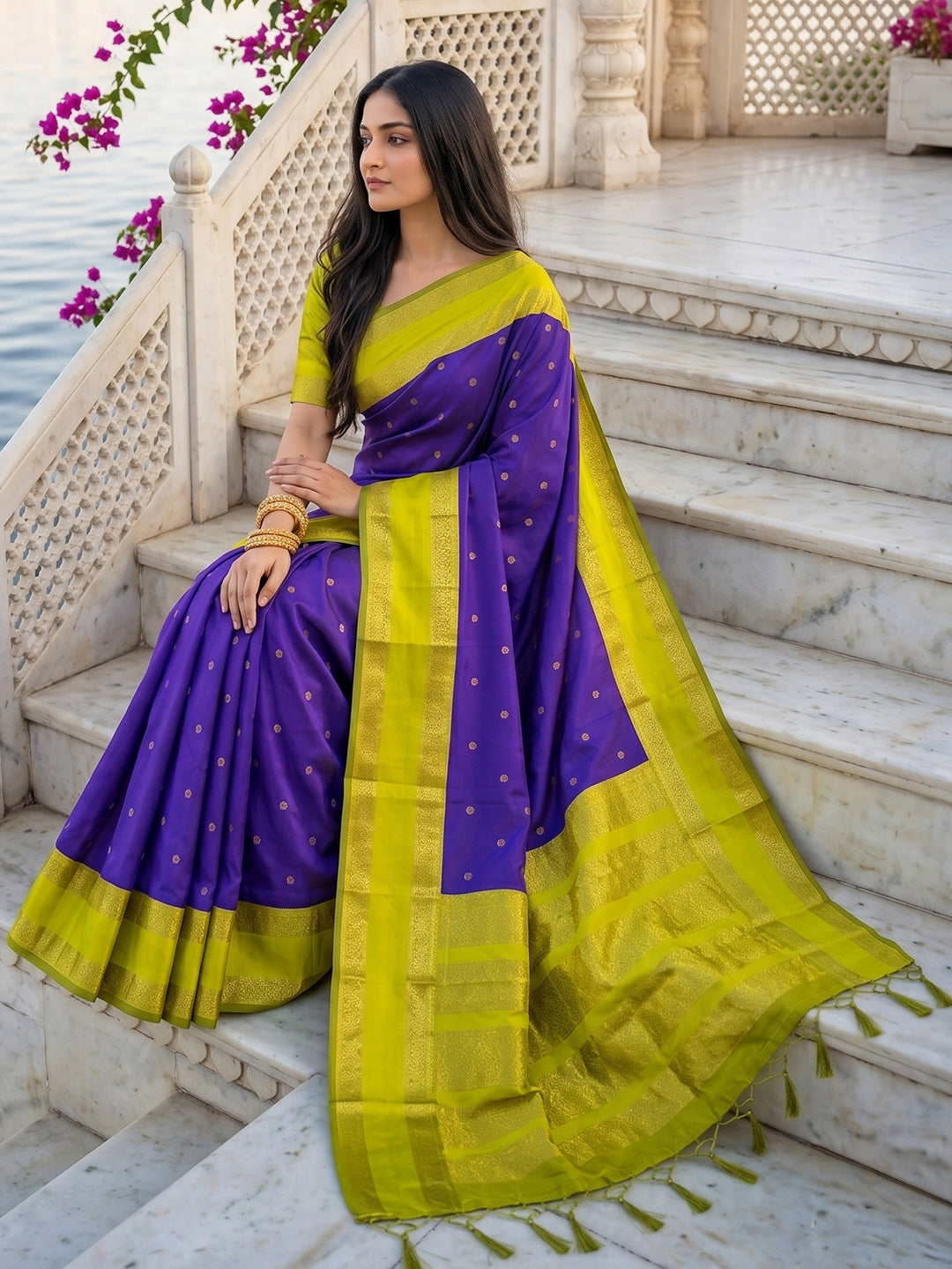 Sutriti Purple & Lime Green Soft Silk Saree for Women - Festive Wedding Party Wear Ethnic Saree