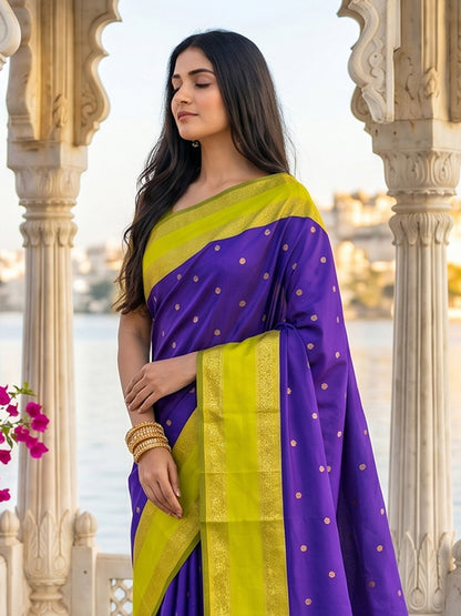Sutriti Purple & Lime Green Soft Silk Saree for Women - Festive Wedding Party Wear Ethnic Saree