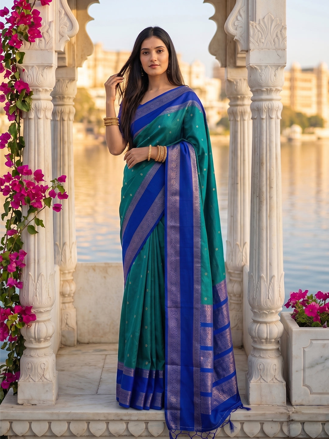 Sutriti Teal & Navy Blue Soft Silk Saree for Women - Festive Wedding Party Wear Ethnic Saree