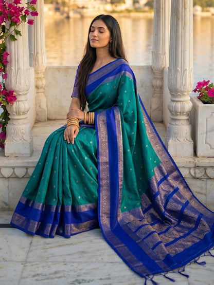 Sutriti Teal & Navy Blue Soft Silk Saree for Women - Festive Wedding Party Wear Ethnic Saree
